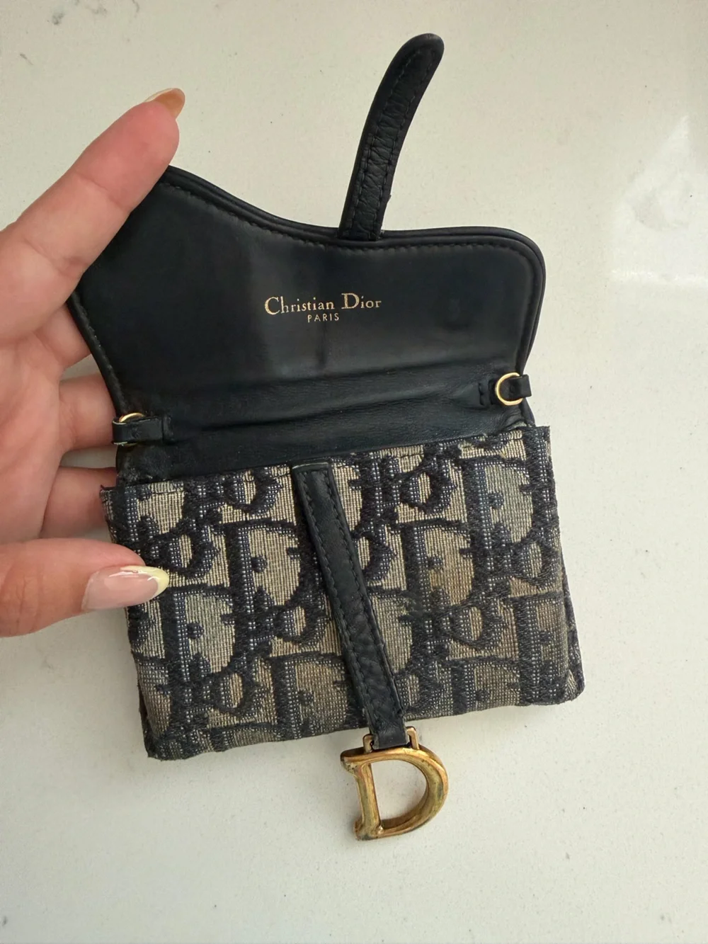 Dior Black and Beige Signature Monogram Wallet with Gold 'D' Charm